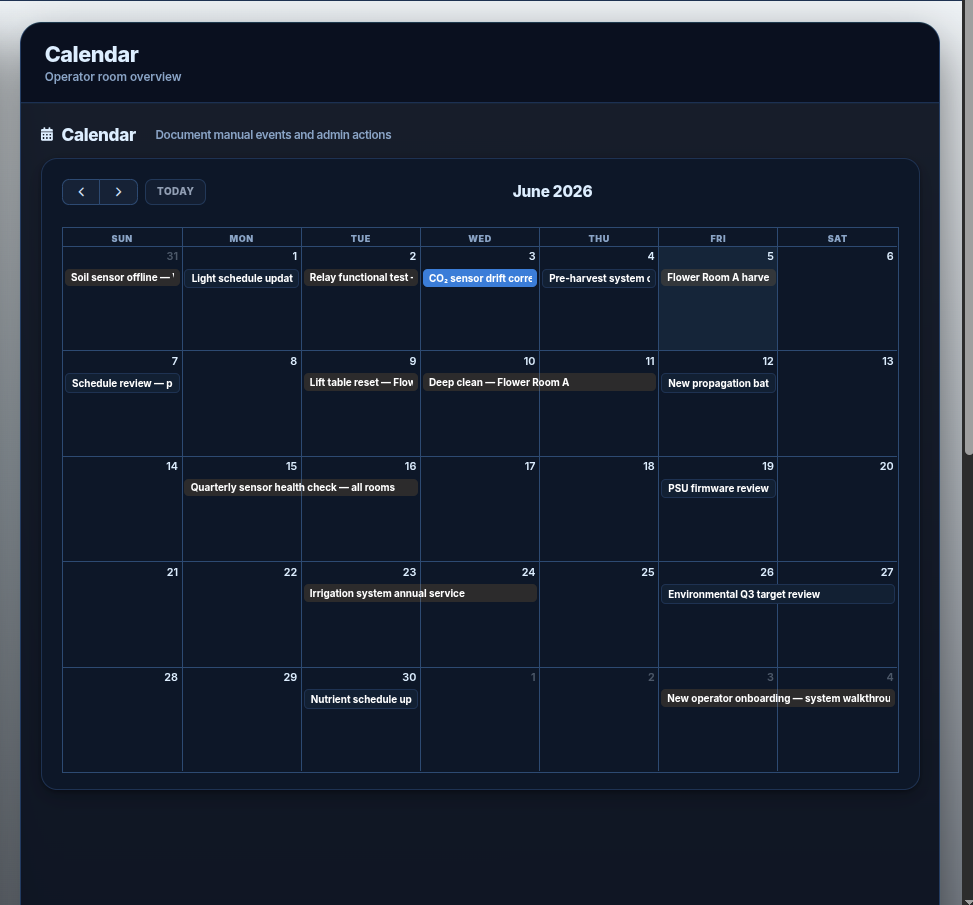 Calendar view — scheduled events and admin actions